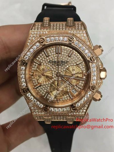 Japan Replica Audemars Piguet Rubber Band - Royal Oak Diamond Dial Rose Gold Watch